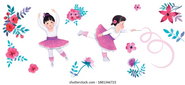 dancing girls, ballet, gymnastics, watercolor, a set of drawings for design,flowers, vector, cut from the background, for design