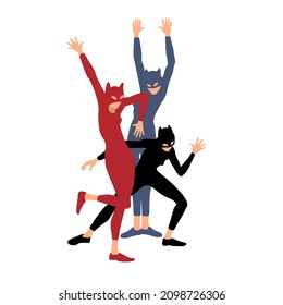 Dancing girls in a cat masks, a feminist protest performance. Wild young women. Color vector illustration isolated on a white background in a cartoon and flat design.
