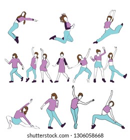 Dancing girls collection. Hip-hop women dancers, vector contour colorful sketch isolated on white background