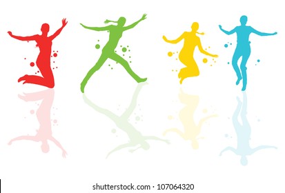 Dancing girls with colorful spots and splashes with reflections vector background