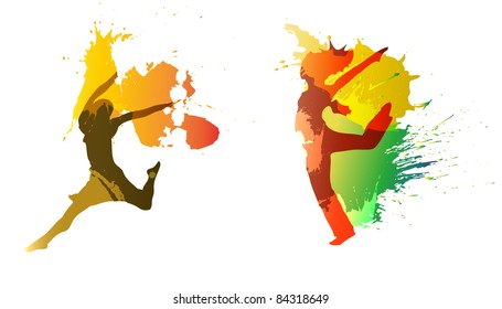 dancing girls with colorful vector splashes, drops on white background.