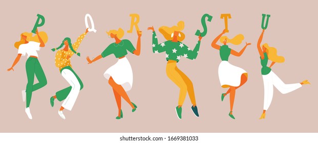Dancing girls with elements of alphabet in their hands. English letters p, q, r, s, t, u. Green and yellow, white colors