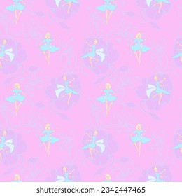 Dancing girls, flowers and pink colors, seamless for printing. Blue dress, ballet pose, pattern for girl.