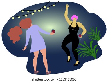 Dancing girls with glasses of wine on a dark blue background. Party with garlands. Happy New year. EPS10 vector illustration.