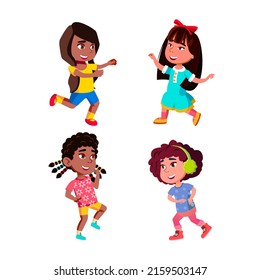 Dancing Girls Kids On Celebrative Party Set Vector. Happiness Preschool Children Dancing And Resting On Festival Event. Characters Dancers Performing Dance Flat Cartoon Illustrations