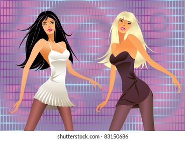 Dancing girls in a laser light show - vector illustration