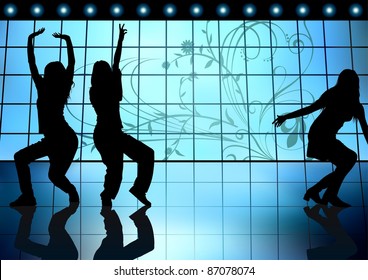 Dancing Girls on a Blue Background - Colored illustration, Vector