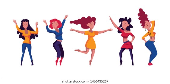 Dancing girls on an isolated background. Funny women moving to music in flat style - vector
