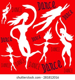 Dancing girls on red background. Pattern for posters, flayers