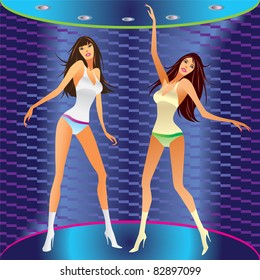 Dancing girls on stage - vector illustration
