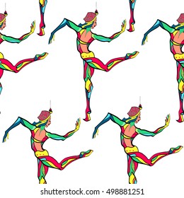 dancing girls pattern. color. hand drawn illustration. stylized line dancer