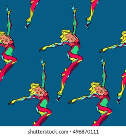 dancing girls pattern. color lines.hand drawm illustration.blue background