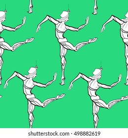 dancing girls pattern. color lines.hand drawn illustration.oriental.green background