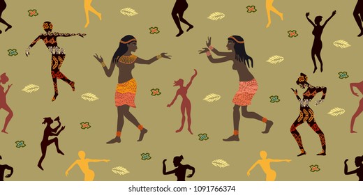 Dancing girls. Seamless vector pattern with ethnic motifs on khaki background. Trendy design witn African art for textile, cards, covers.