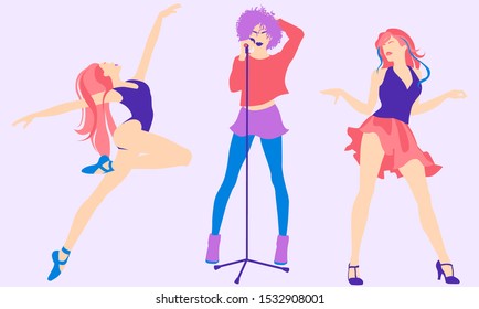 dancing girls and singer with a microphone

