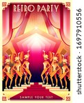 Dancing girls in variety show at a party in the style of the early 20th century. Retro party invitation card. Handmade drawing vector illustration. Art Deco style.