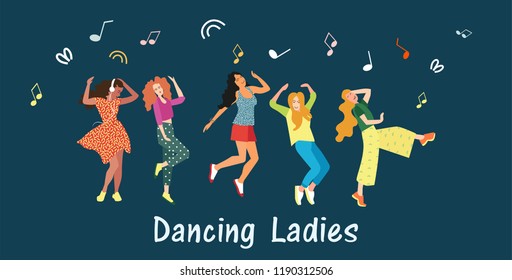 Dancing for girls. Women dance and move to the music at a night party, festival or carnival. Joyful emotions. Vector illustration