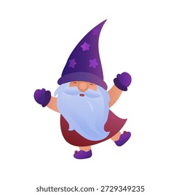 Gnome dançante com chapéu roxo e roupão vermelho. Ilustração vetorial.