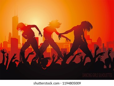 Dancing go-go people. Elegant template with group of young detailed silhouettes of girls. Vector illustration for print or background