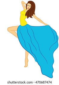Dancing graceful slender girl with chestnut hair in long gown coloured in Ukrainian or Swedish national yellow and blue colours, vector illustration isolated on the white background