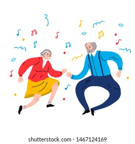 Dancing Grandparents. Elder dancers. Vector flat portrait of old cute loving couple. Cartoon style. Character illustration. Healthy lifestyle.