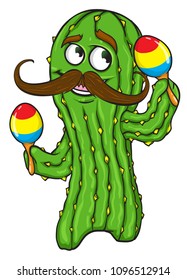 Dancing Green Cactus. Mascot of happy cactus character with mustache, holding maracas. Mexican style vector illustration in cartoon technique. Party sticker, t-shirt print or logo.