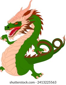 Dancing green wooden dragon without wings. Vector illustration of an Asian dancing green wood dragon pointing with its right paw finger. Chinese dragon with horns, teeth, mustache, paws, tail