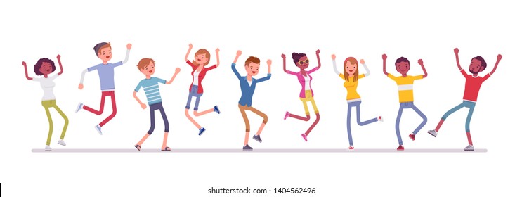 Dancing group of happy people. Friends, young smiling people, teenager boys, girls together, adolescent unity. Vector flat style cartoon illustration isolated, white background, full length portrait