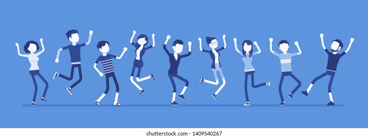 Dancing group of happy people. Friends, young party people, teenager boys, girls together, adolescent unity. Vector illustration with faceless characters, full length portrait