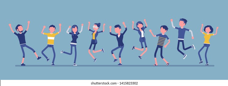 Dancing group of happy people. Friends, young party people, teenager boys, girls together, adolescent unity. Vector illustration with faceless characters, full length portrait