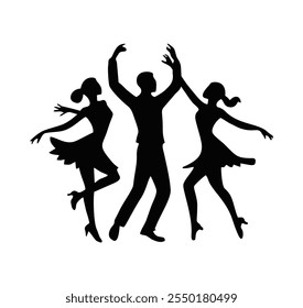 Dancing in a group, man and girls. Flat black dance logo.