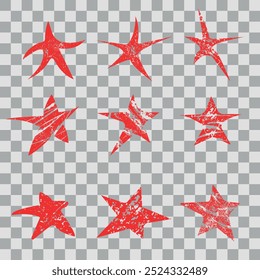 Dancing grunge stars. Set of red grunge star. Vector illustration on a transparent background.