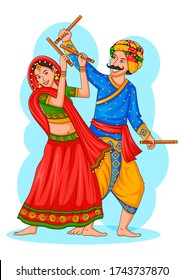 Dancing Gujarati couple doing Garba dance from Gujarat of India in vector