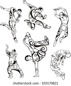 Dancing guys. Set of black and white vector illustrations.