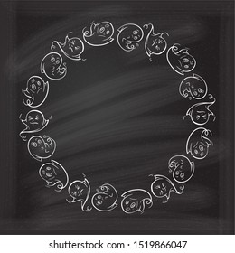 Dancing Halloween ghosts. Funny spooky characters. Vector round frame on a chalkboard background.