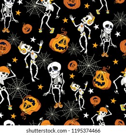 Dancing Halloween skeletons and pumpkins pattern. Great for spooky holiday wallpaper, backgrounds, invitations, packaging design projects. Surface pattern design.