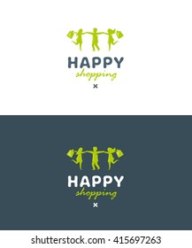 Dancing Happy Consumers with Bags Original Memorable Illustrative Graphic Symbol For Your Business. Attractive Unique Sign For Shop, Store, Advertising, Sale Banners etc. 