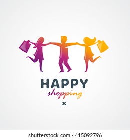 Dancing Happy Consumers with Shopping Bags. Original Memorable Illustrative Graphic Symbol For Your Business. Sign For Shop, Store, Advertising Sale Banners etc. 