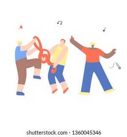 Dancing Happy Friends Man Having Fun Isolated. Flat Vector Festival Cartoon Disco Party Dancing Marathon, Open Air Live Karaoke Night Club, Modern Musical Band. Treble Clef, Mic, Music Note