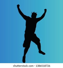 Dancing and happy man silhouette on blue background - isolated vector art