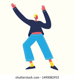 Dancing happy men in to the music. Vector illustration in a flat style.