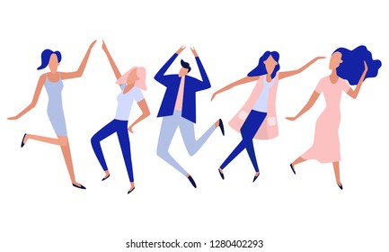 Dancing happy people,  jumping girls, smiling dancers on dance party, enjoying women and celebrating man like winner, cartoon isolated on white background, positive vibe. Vector flat illustration