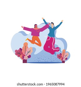 dancing happy people. Vector flat illustration. Friends have a fun party. Young colorful men and women cartoon characters