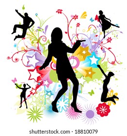 dancing happy people vector silhouettes and flower ornaments