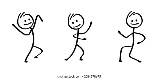 Dancing Happy Smile Stickman. Funny Comic Dancer Or Walk Stick Figure Man Or Woman. Vector People, Dancers. Drawing Cartoon Person  Jump, Run, Walking And Dancing On Music Party. Comic Art. Cheering 