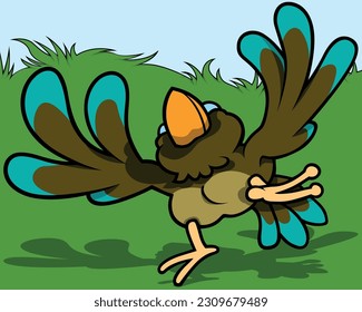 Dancing Happy Sparrow From the Point of View from Below - Colored Cartoon Illustration with Background, Vector
