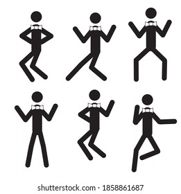 Dancing happy stick man in various poses isolated on white background.
