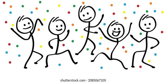 Dancing Happy Stickman. Funny Comic Dancer Or Walk Stick Figure Man Or Woman. Vector People, Dancers Party. Drawing Cartoon Person  Jump, Run, Walking And Dancing On Music. Happy New. Year. Cheering 