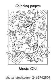 Dancing happy unicorn with lettering music on. Kids coloring book page. Vector monochrome illustration of cute unicorn on background. Magic pony cartoon character. For children coloring, print, design