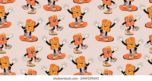 Dancing happy waffles with maple syrup. Retro cartoon fast food seamless pattern. Comic character, mascot for burger bar, cafe, restaurant. Groovy funky trendy vector illustration and background.	